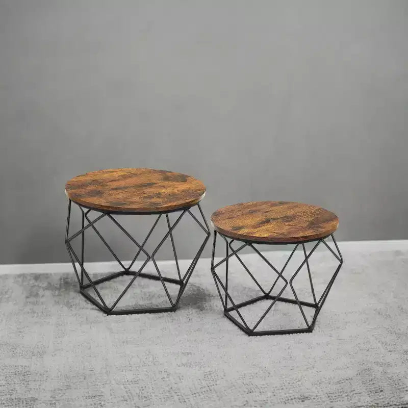 Lot de 2 petites tables basses rondes avec cadre en acier, tables d'appoint pour salon, chambre, bureau, marron rustique et noir encre.