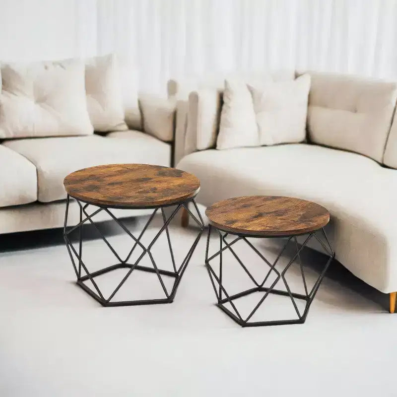 Lot de 2 petites tables basses rondes avec cadre en acier, tables d'appoint pour salon, chambre, bureau, marron rustique et noir encre.