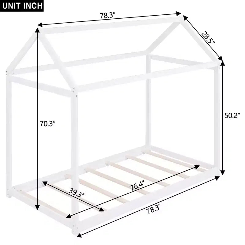 Lit plateforme en bois Whisen, taille double, en forme de maison