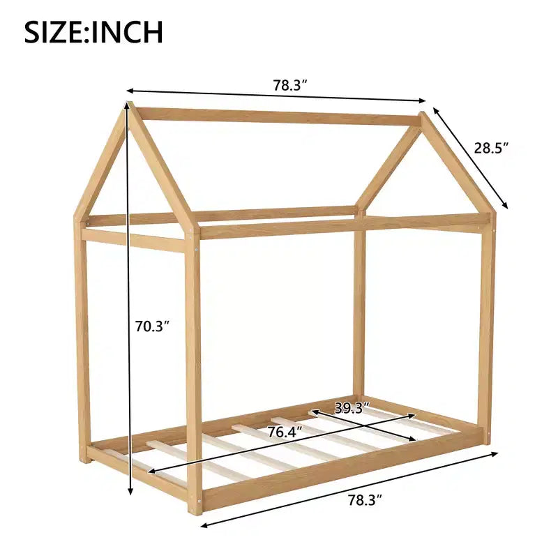 Lit plateforme en bois Whisen, taille double, en forme de maison