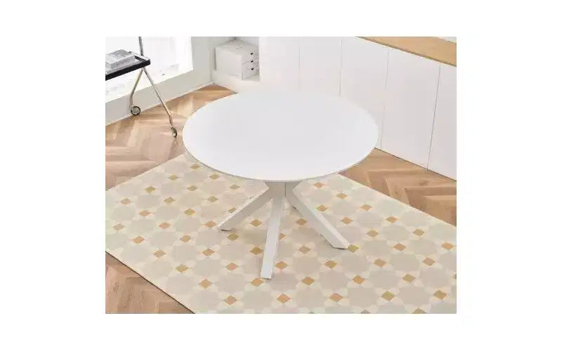 Table à manger à pieds croisés de style milieu de siècle pour 4 à 6 personnes avec plateau rond en MDF, table à manger sur pied central, table d'appoint, table basse de loisirs