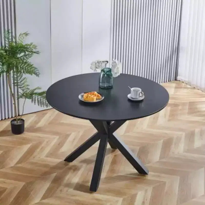 Table à manger à pieds croisés de style milieu de siècle pour 4 à 6 personnes avec plateau rond en MDF, table à manger sur pied central, table d'appoint, table basse de loisirs