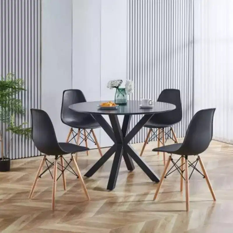 Table à manger à pieds croisés de style milieu de siècle pour 4 à 6 personnes avec plateau rond en MDF, table à manger sur pied central, table d'appoint, table basse de loisirs