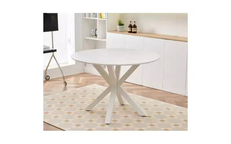 Table à manger à pieds croisés de style milieu de siècle pour 4 à 6 personnes avec plateau rond en MDF, table à manger sur pied central, table d'appoint, table basse de loisirs