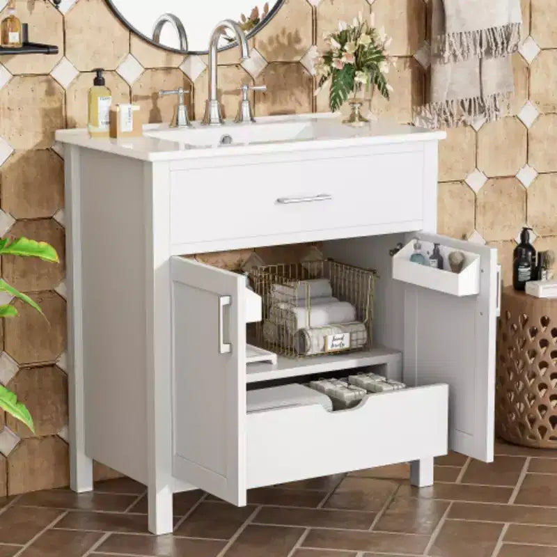 Meuble sous-vasque de salle de bain de 76 cm avec lavabo en céramique, petite vanité de salle de bain