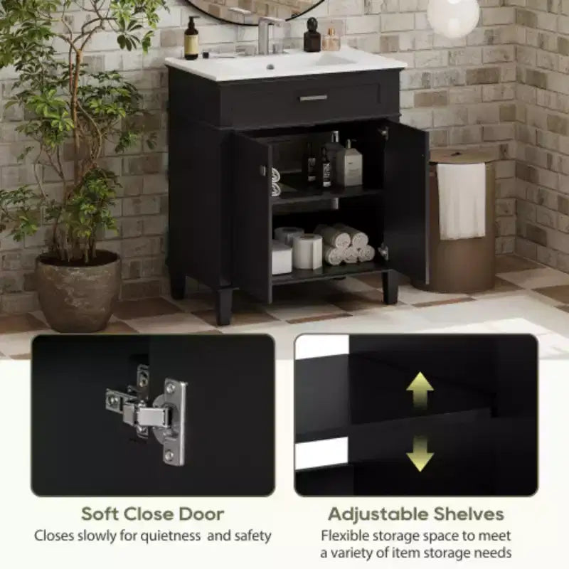 Meuble de rangement de salle de bain de 76 cm avec lavabo en céramique, fermeture de porte douce et étagère réglable
