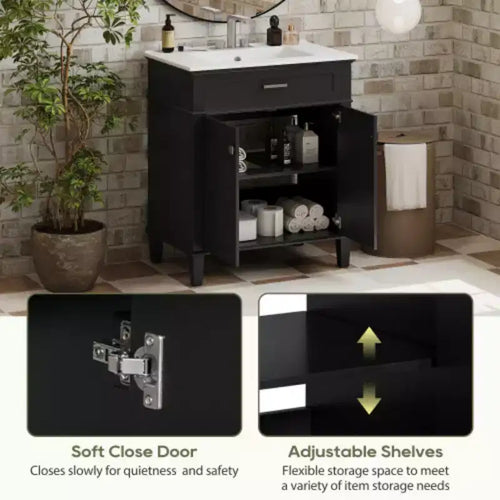 Meuble de rangement de salle de bain de 76 cm avec lavabo en céramique, fermeture de porte douce et étagère réglable