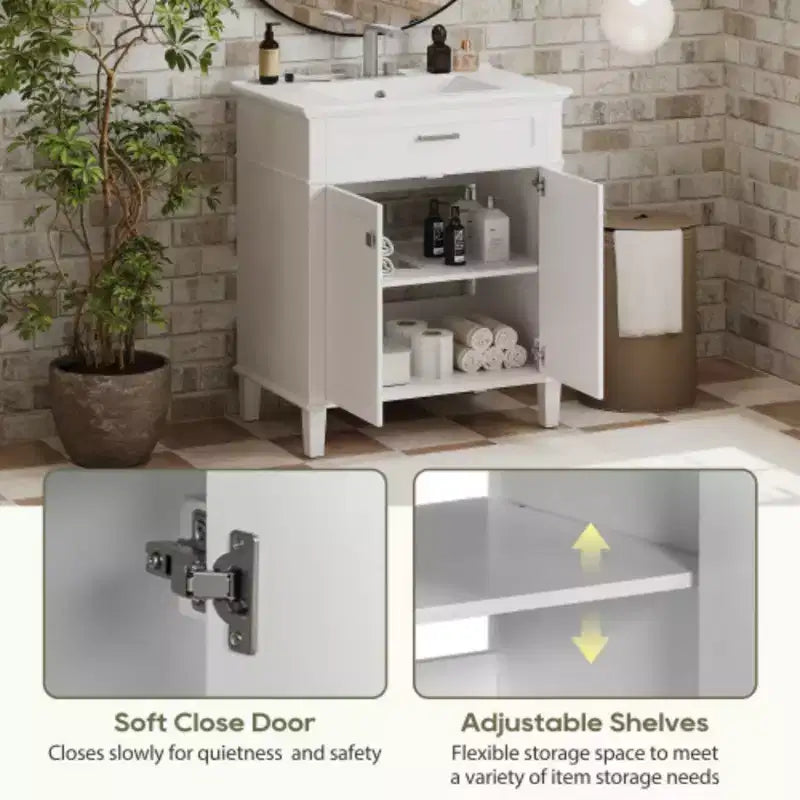 Meuble de rangement de salle de bain de 76 cm avec lavabo en céramique, fermeture de porte douce et étagère réglable