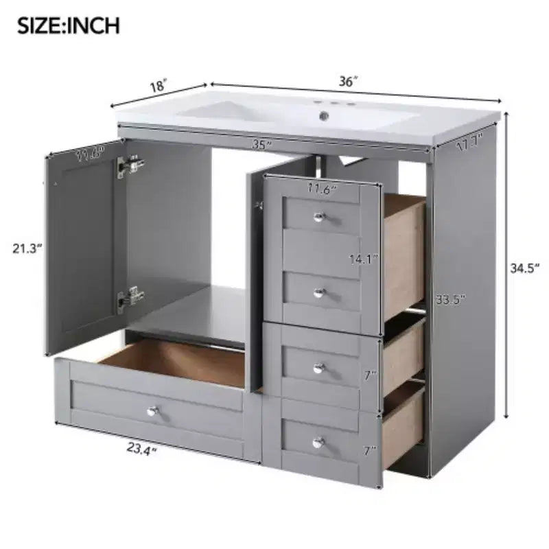 Meuble-lavabo autoportant de salle de bain de style shaker de 36 po avec évier, 4 tiroirs à fermeture douce et 2 portes à fermeture douce