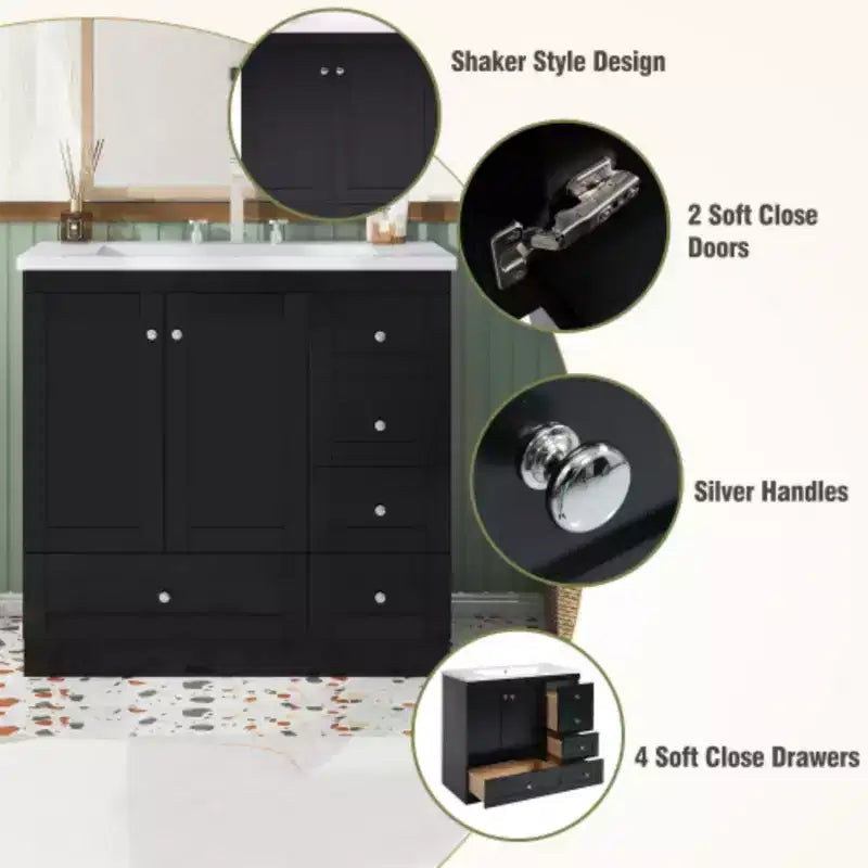 Meuble-lavabo autoportant de salle de bain de style shaker de 36 po avec évier, 4 tiroirs à fermeture douce et 2 portes à fermeture douce
