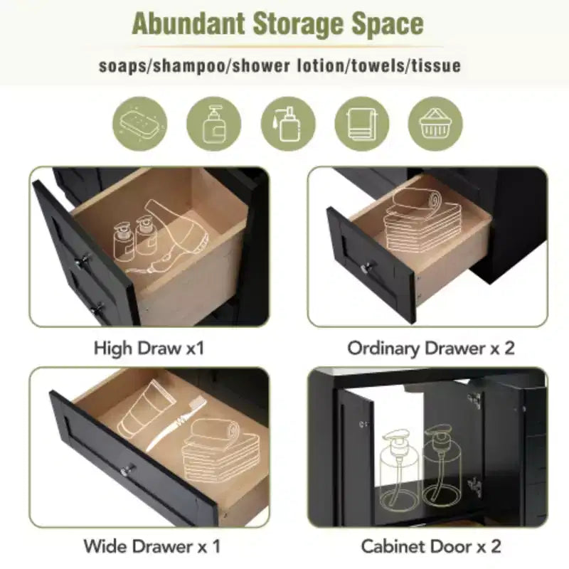 Meuble-lavabo autoportant de salle de bain de style shaker de 36 po avec évier, 4 tiroirs à fermeture douce et 2 portes à fermeture douce