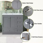 Meuble-lavabo autoportant de salle de bain de style shaker de 36 po avec évier, 4 tiroirs à fermeture douce et 2 portes à fermeture douce