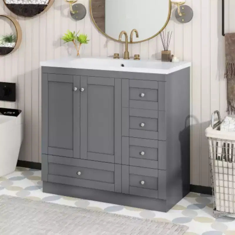 Meuble-lavabo autoportant de salle de bain de style shaker de 36 po avec évier, 4 tiroirs à fermeture douce et 2 portes à fermeture douce