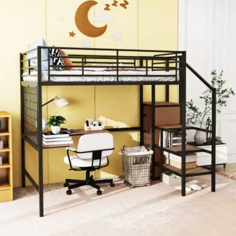 Lit mezzanine métallique pleine grandeur avec bureau et grille métallique, lit élégant à cadre métallique avec échelle de rangement latérale et armoire, noir