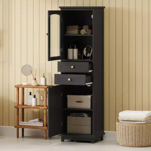 Meuble de rangement de salle de bain de 160 cm de haut avec porte vitrée indépendante et étagère réglable