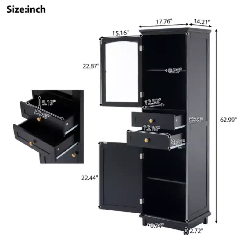 Meuble de rangement de salle de bain de 160 cm de haut avec porte vitrée indépendante et étagère réglable