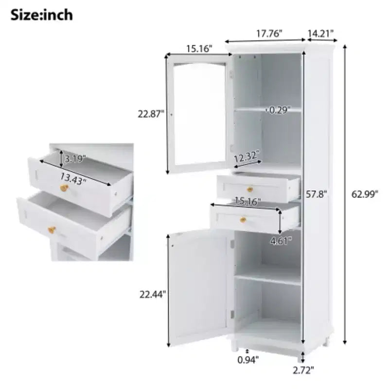 Meuble de rangement de salle de bain de 160 cm de haut avec porte vitrée indépendante et étagère réglable