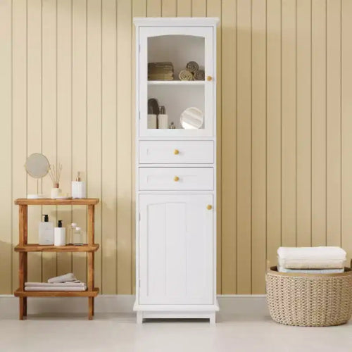 63 Inch High Bathroom Storage Cabinet with Independent Glass Door and Adjustable Shelf