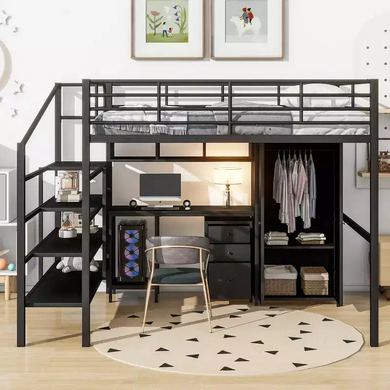 Lit mezzanine Whisen 56''L x 92.7''W de conception moderne avec cadre en métal, taille standard, avec bureau et armoire