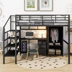 Lit mezzanine Whisen 56''L x 92.7''W de conception moderne avec cadre en métal, taille standard, avec bureau et armoire