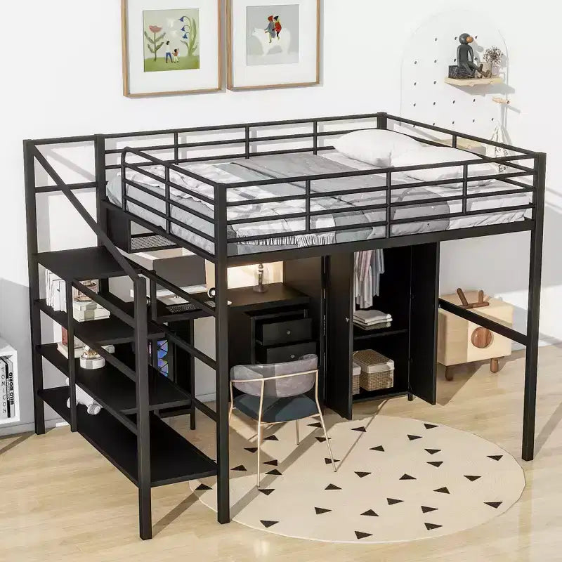 Lit mezzanine Whisen 56''L x 92.7''W de conception moderne avec cadre en métal, taille standard, avec bureau et armoire