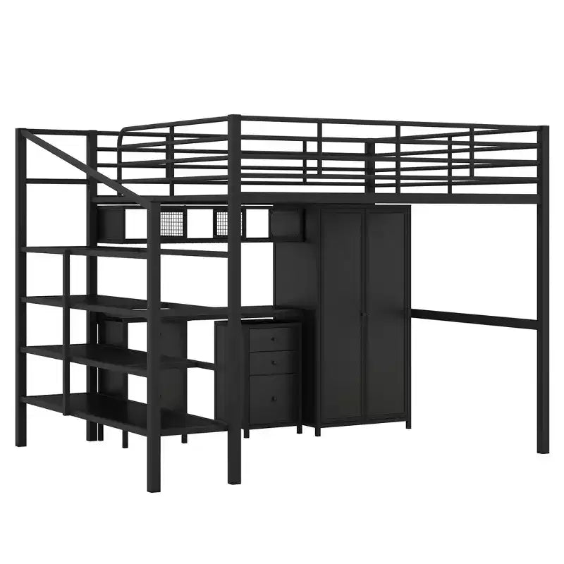 Lit mezzanine Whisen 56''L x 92.7''W de conception moderne avec cadre en métal, taille standard, avec bureau et armoire