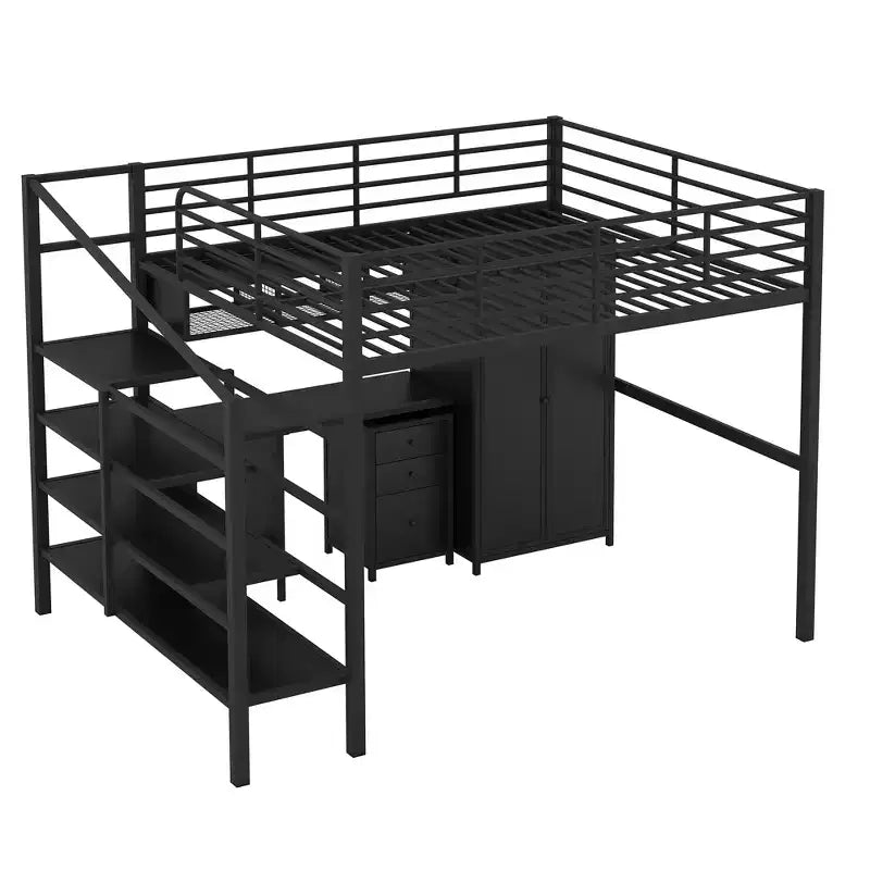 Lit mezzanine Whisen 56''L x 92.7''W de conception moderne avec cadre en métal, taille standard, avec bureau et armoire