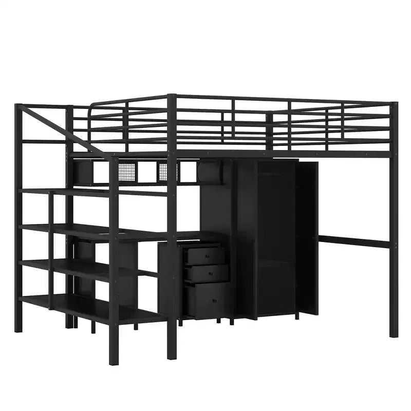 Lit mezzanine Whisen 56''L x 92.7''W de conception moderne avec cadre en métal, taille standard, avec bureau et armoire