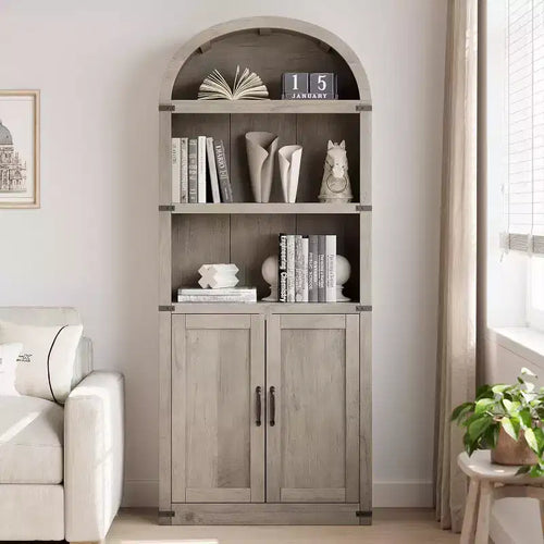 5 Shelf Arched Bookshelf with Doors Tall Bookcase Farmhouse Display Storage Rack Wooden Bookshelves for Home Office, Living Room