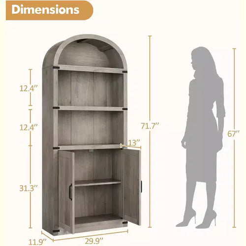 Étagère arquée à 5 niveaux avec portes, haute bibliothèque de style rustique, meuble de rangement et de présentation en bois pour bureau à domicile, salon