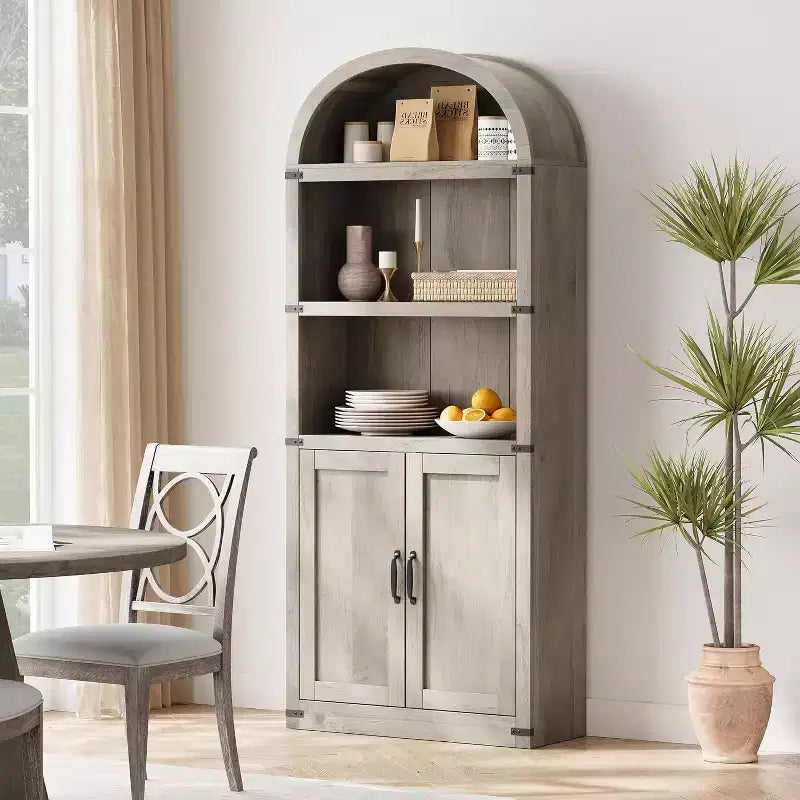 Étagère arquée à 5 niveaux avec portes, haute bibliothèque de style rustique, meuble de rangement et de présentation en bois pour bureau à domicile, salon