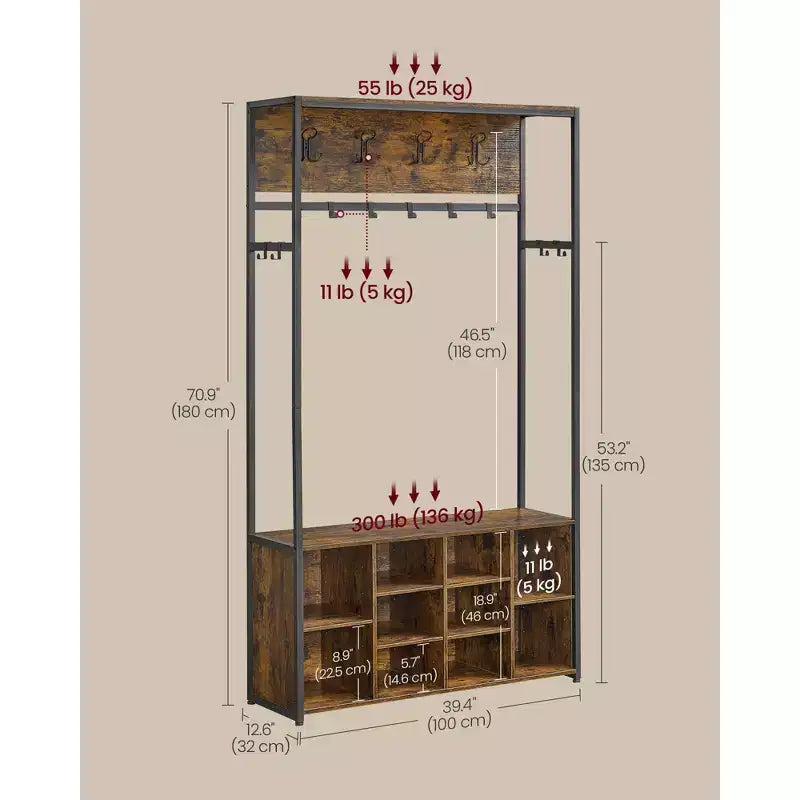 VASAGLE Portemanteau d'entrée avec banc et rangement à chaussures, porte-manteau avec banc à chaussures, meuble d'entrée, compartiments ouverts