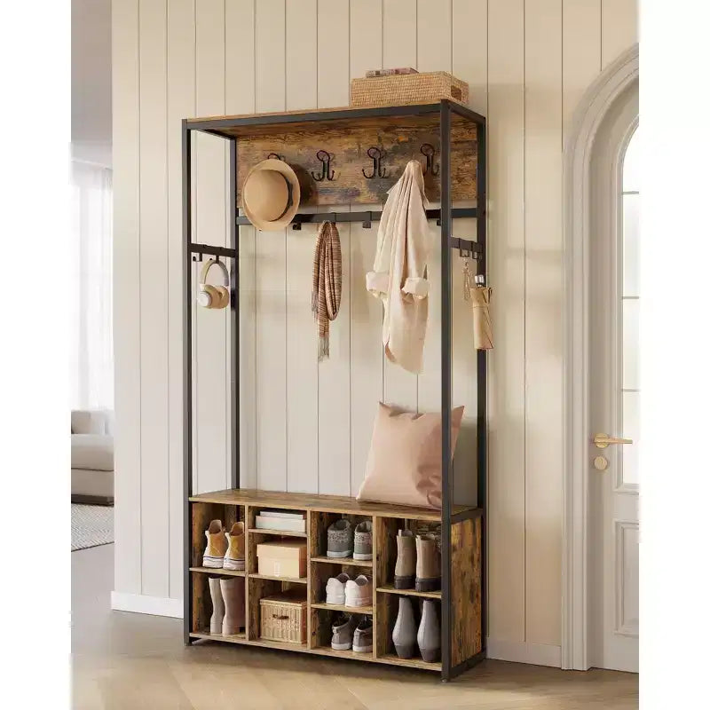 VASAGLE Portemanteau d'entrée avec banc et rangement à chaussures, porte-manteau avec banc à chaussures, meuble d'entrée, compartiments ouverts