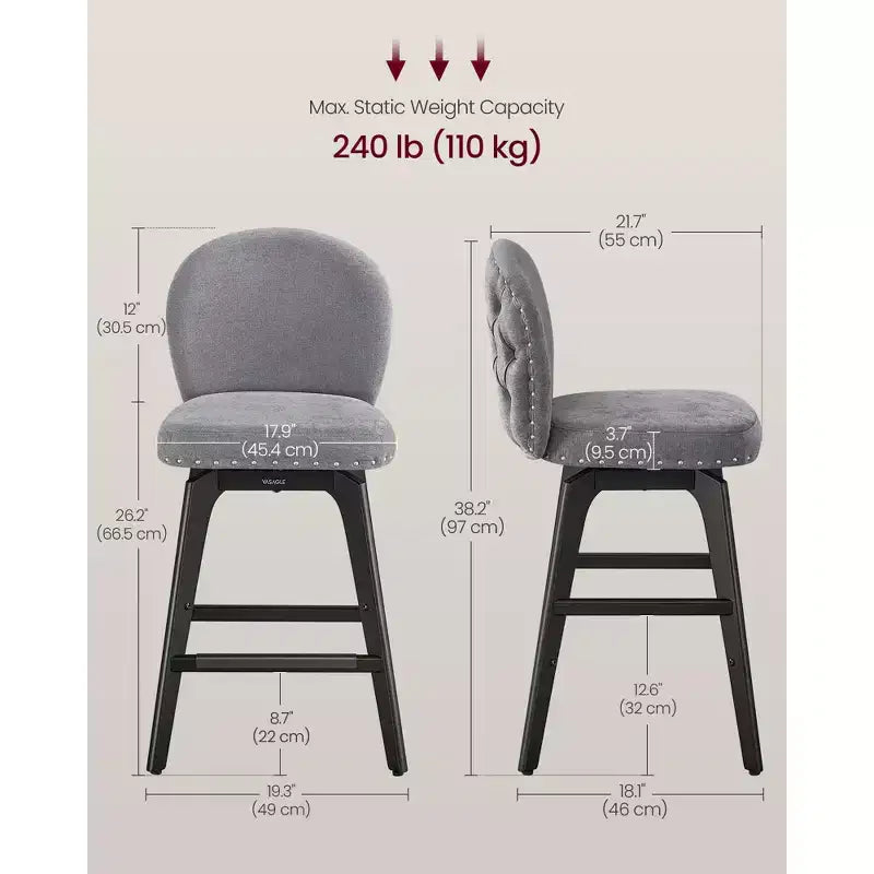 VASAGLE Lot de 2 tabourets de bar, tabourets de comptoir pivotants, pieds en bois massif, tissu chenille, tabourets de 66,5 cm de hauteur pour la salle à manger et le bar à la maison