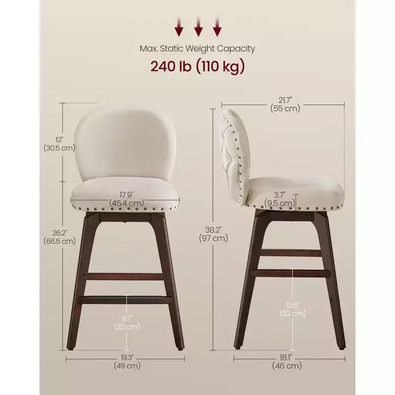 VASAGLE Lot de 2 tabourets de bar, tabourets de comptoir pivotants, pieds en bois massif, tissu chenille, tabourets de 66,5 cm de hauteur pour la salle à manger et le bar à la maison