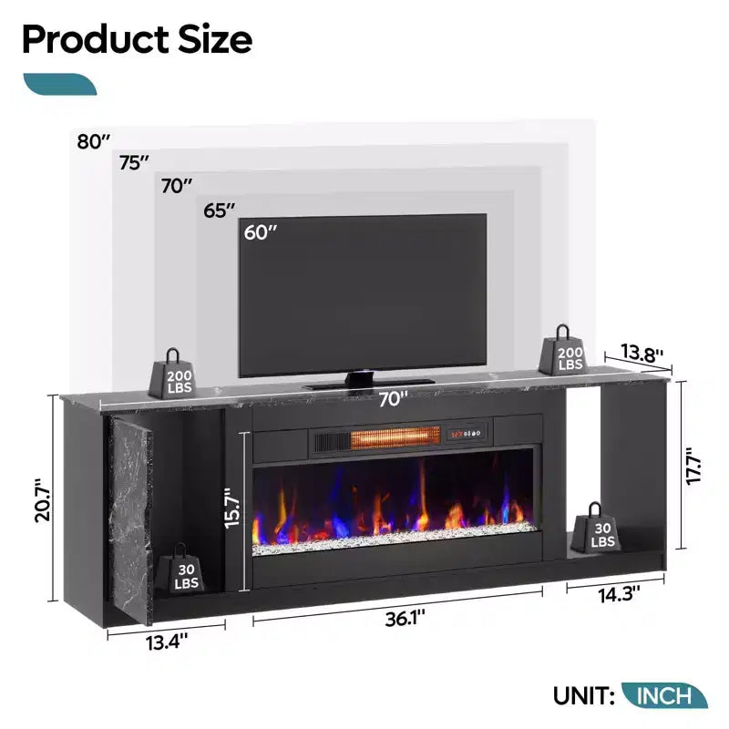 Meuble TV moderne Bestier avec cheminée et 70 LED, pour téléviseurs jusqu'à 80 pouces, console TV de jeu PS5 avec cheminée 36 pouces et placard pour salon