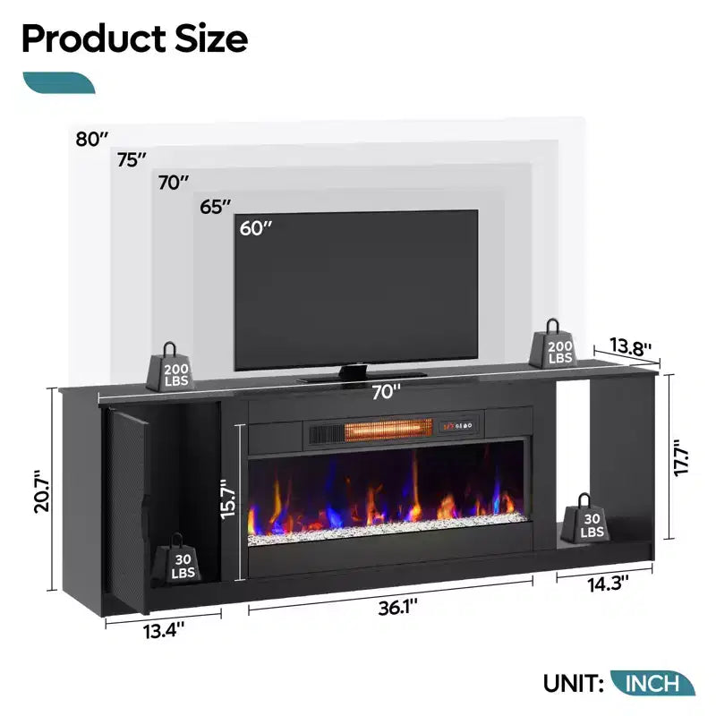 Meuble TV moderne Bestier avec cheminée et 70 LED, pour téléviseurs jusqu'à 80 pouces, console TV de jeu PS5 avec cheminée 36 pouces et placard pour salon