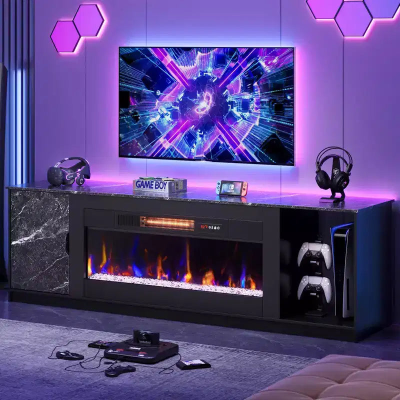 Meuble TV moderne Bestier avec cheminée et 70 LED, pour téléviseurs jusqu'à 80 pouces, console TV de jeu PS5 avec cheminée 36 pouces et placard pour salon