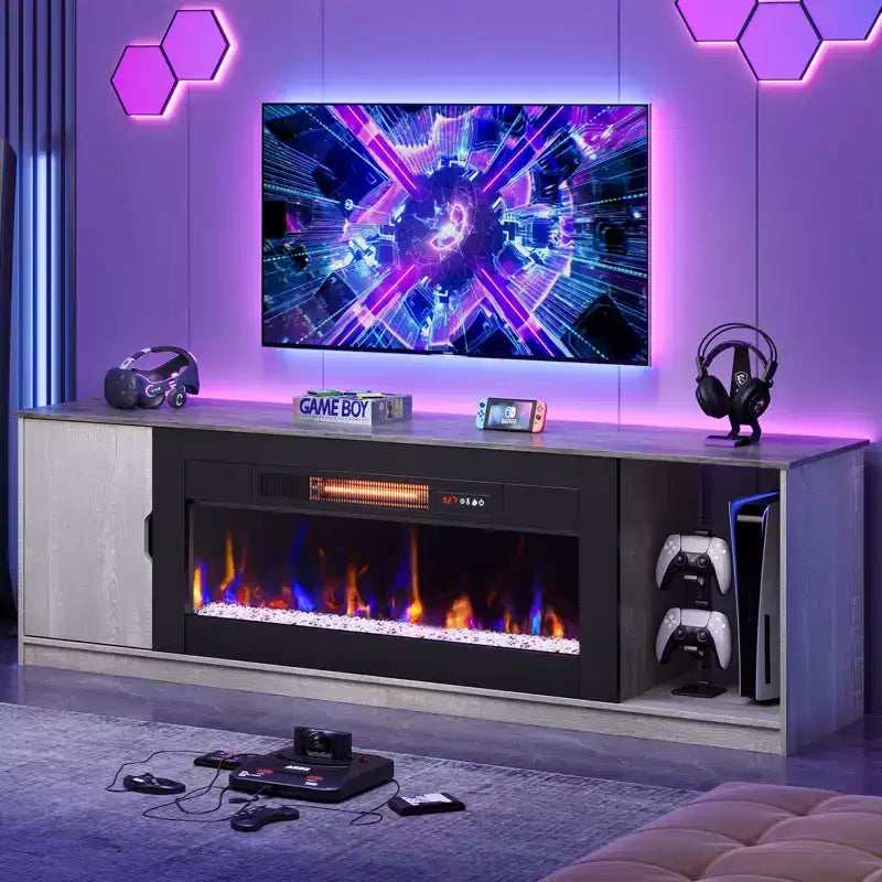 Meuble TV moderne Bestier avec cheminée et 70 LED, pour téléviseurs jusqu'à 80 pouces, console TV de jeu PS5 avec cheminée 36 pouces et placard pour salon