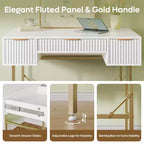 Bestier Bureau d'écriture informatique cannelé de 120 cm avec rangement pour bureau à domicile, coiffeuse cannelée avec 3 tiroirs et pieds dorés, blanc