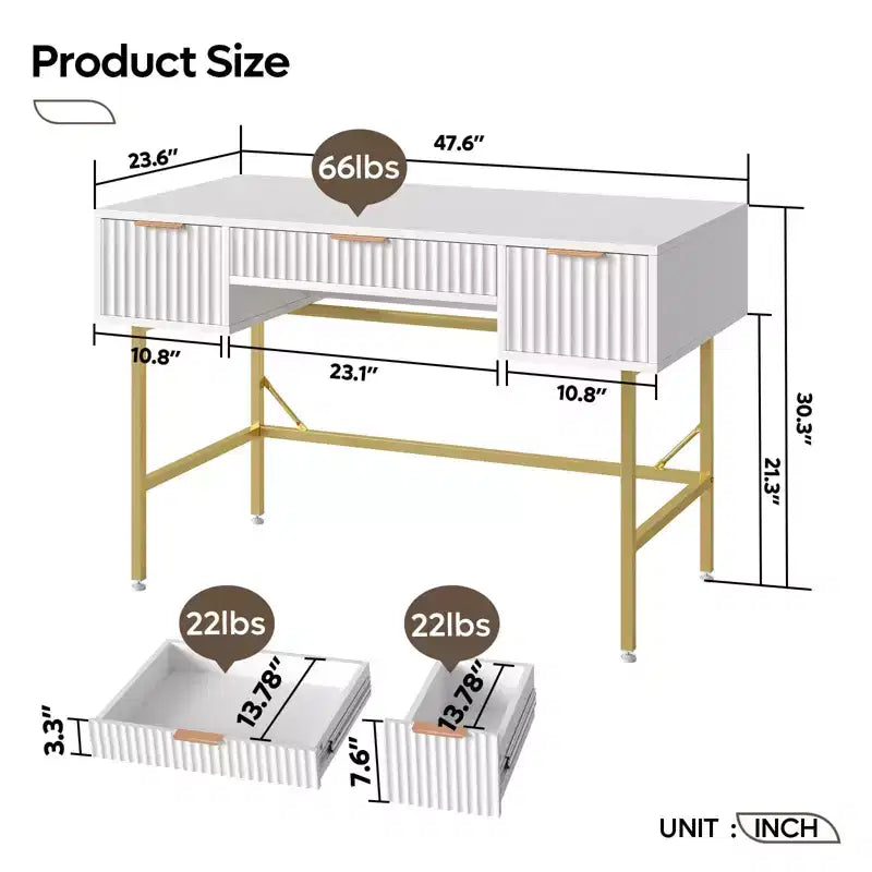 Bestier Bureau d'écriture informatique cannelé de 120 cm avec rangement pour bureau à domicile, coiffeuse cannelée avec 3 tiroirs et pieds dorés, blanc