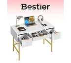 Bestier Bureau d'écriture informatique cannelé de 120 cm avec rangement pour bureau à domicile, coiffeuse cannelée avec 3 tiroirs et pieds dorés, blanc