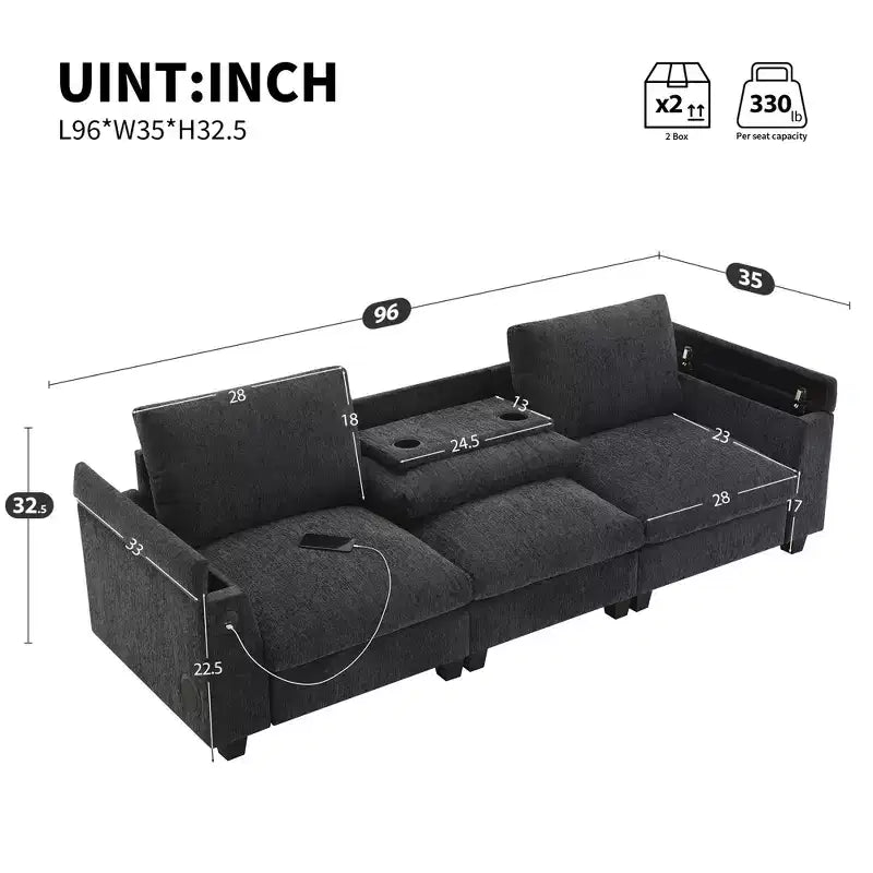 Canapé modulable multifonctionnel GDFStudio Yedda 96 en chenille avec table rabattable et porte-gobelets