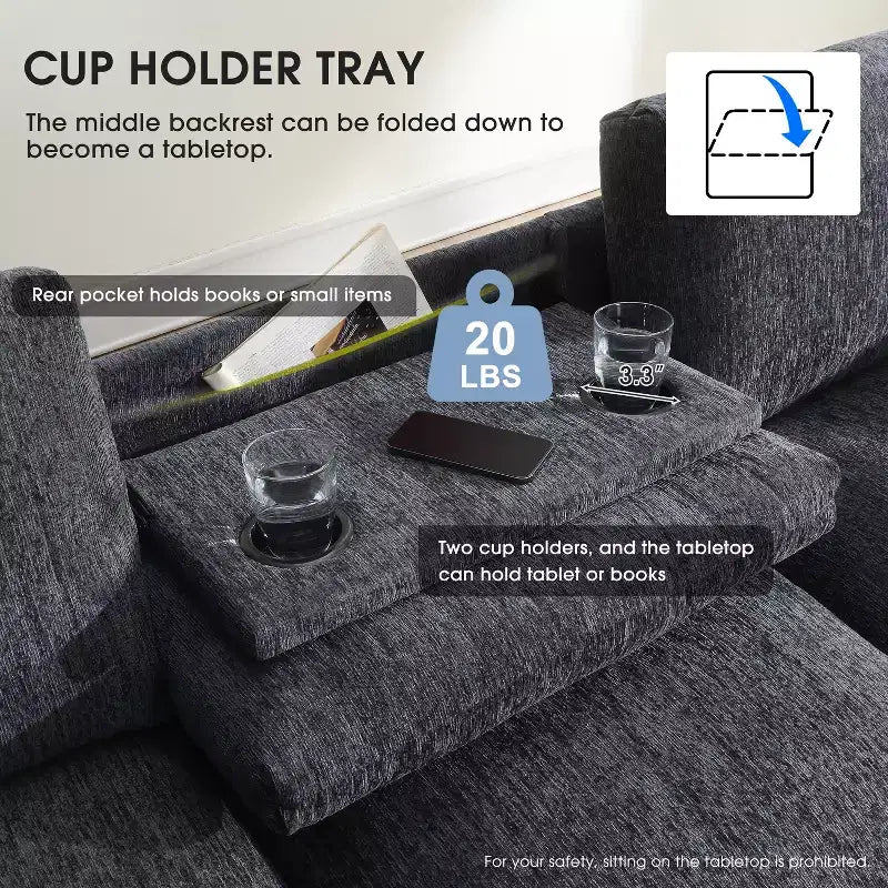 Canapé modulable multifonctionnel GDFStudio Yedda 96 en chenille avec table rabattable et porte-gobelets