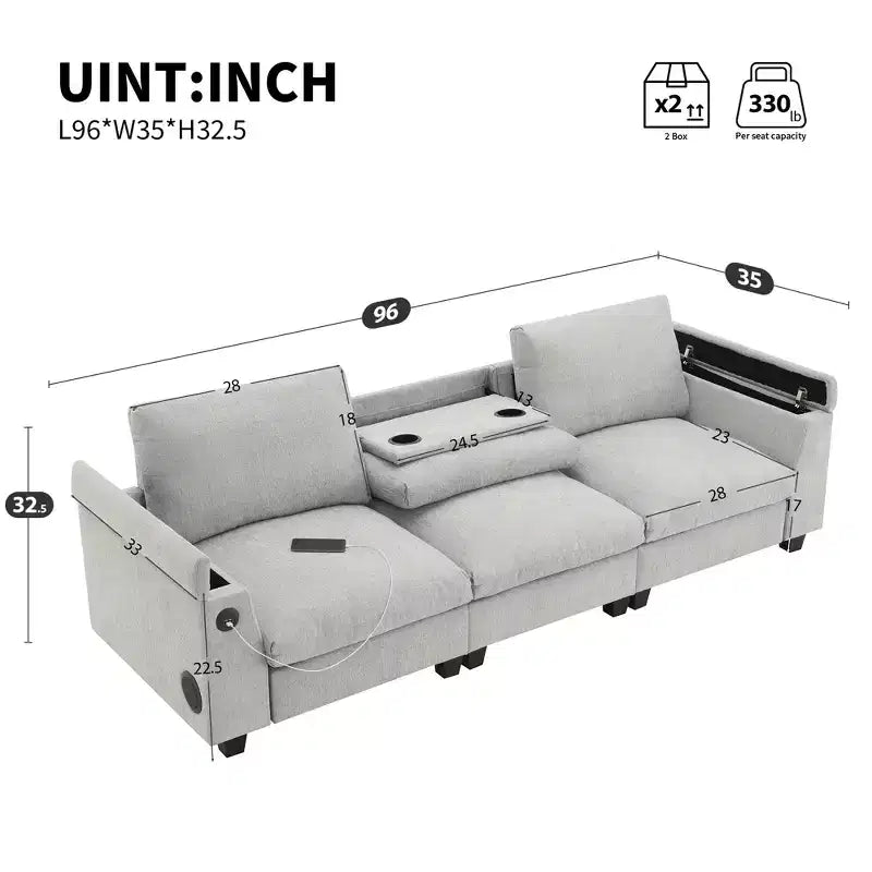 Canapé modulable multifonctionnel GDFStudio Yedda 96 en chenille avec table rabattable et porte-gobelets