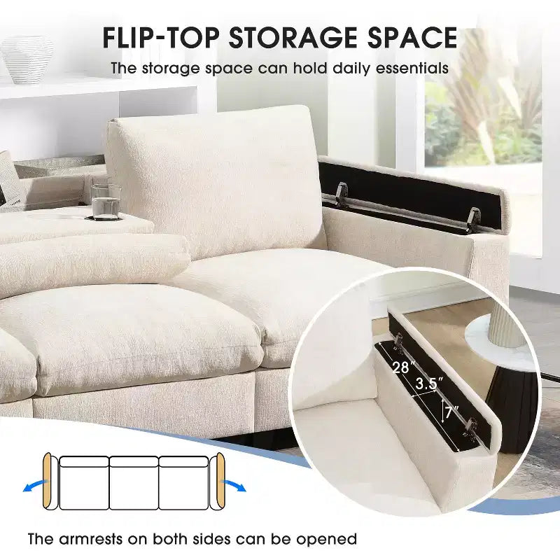 Canapé modulable multifonctionnel GDFStudio Yedda 96 en chenille avec table rabattable et porte-gobelets