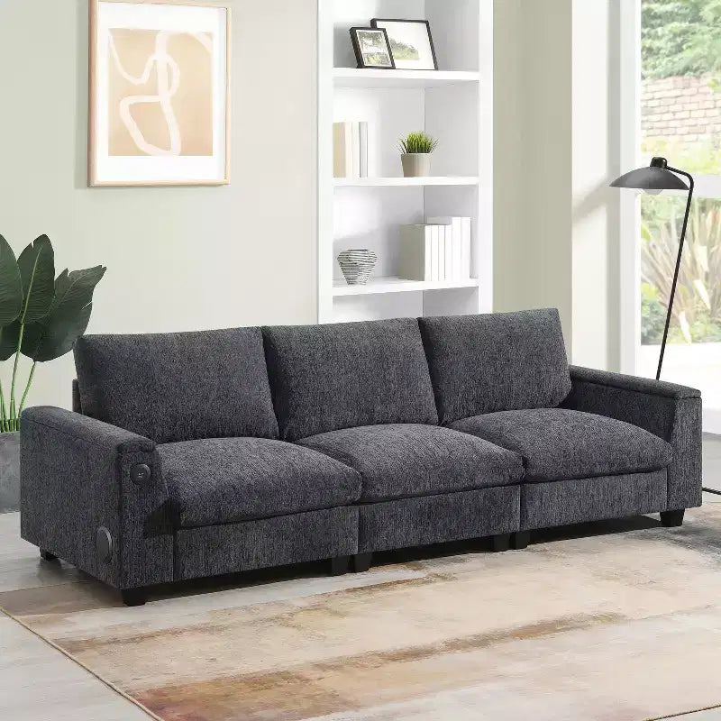 Canapé modulable multifonctionnel GDFStudio Yedda 96 en chenille avec table rabattable et porte-gobelets