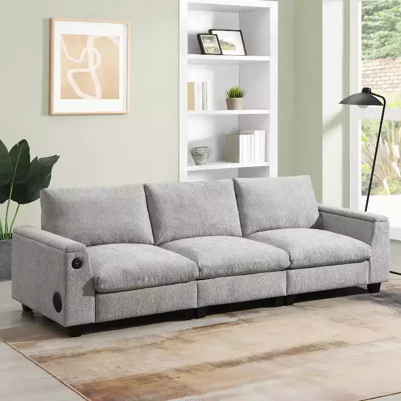 Canapé modulable multifonctionnel GDFStudio Yedda 96 en chenille avec table rabattable et porte-gobelets