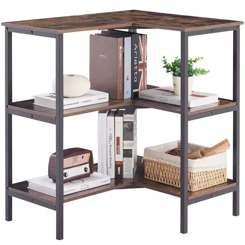 Table d'angle VECELO à 3 étagères ouvertes, meuble de rangement multifonctionnel pour petit espace ou salon, marron/gris