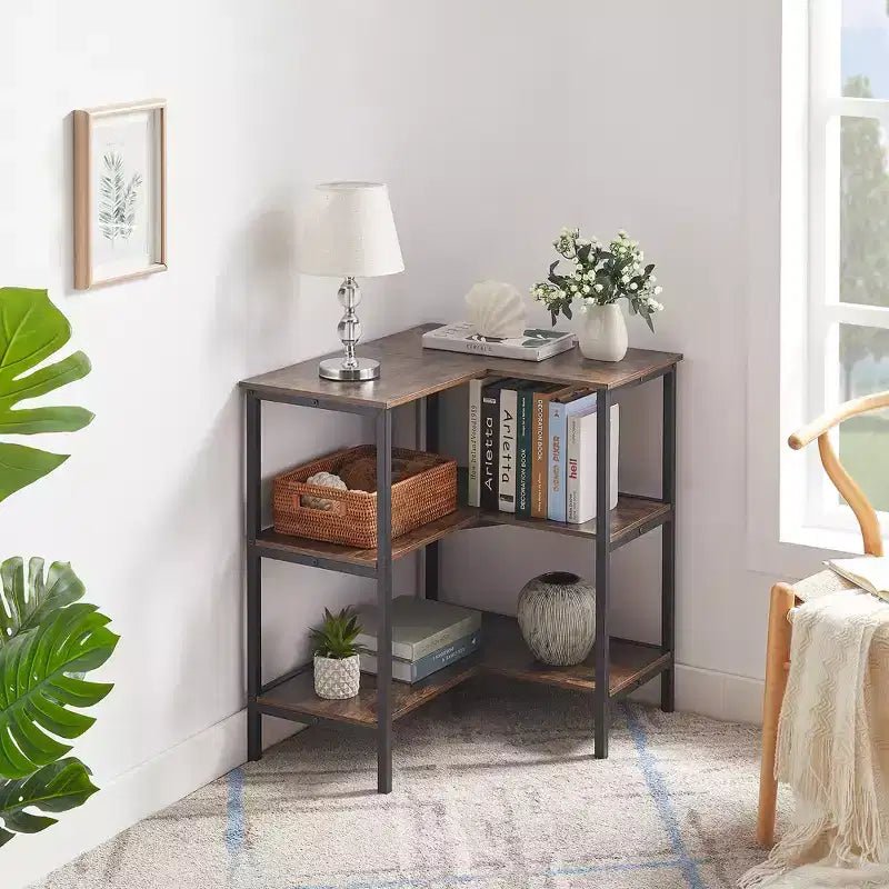 Table d'angle VECELO à 3 étagères ouvertes, meuble de rangement multifonctionnel pour petit espace ou salon, marron/gris